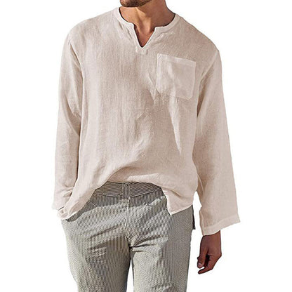 Men’s Long Sleeve Shirt – Linen Cotton Blend – Relaxed Fit – Band Collar Casual