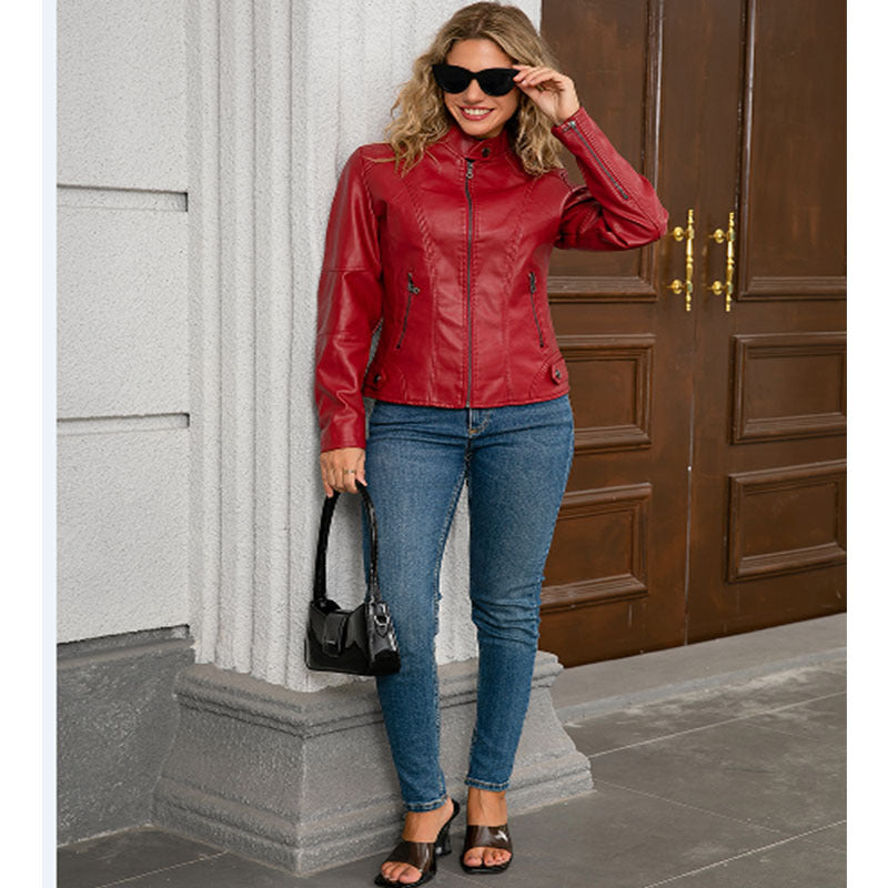 Women’s Moto Jacket – Slim Fit Faux Leather – Stand Collar – Zipper Closure Pockets
