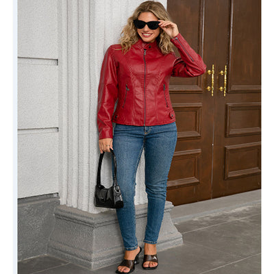 Women’s Moto Jacket – Slim Fit Faux Leather – Stand Collar – Zipper Closure Pockets