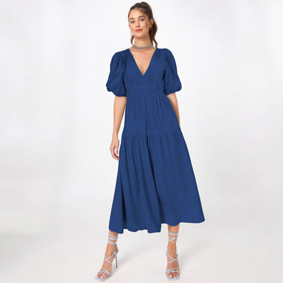 Women’s Midi Dress – Lightweight Fabric – Deep V-Neck – Puff Sleeves – Tiered Skirt