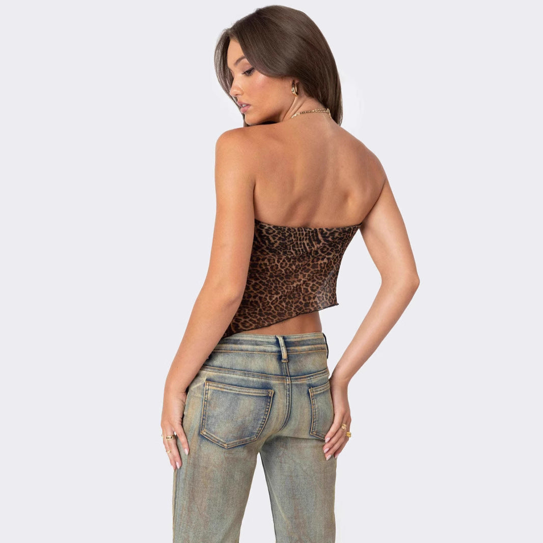 Women’s Tube Top – Animal Print – Slim Fit – Strapless Cropped Asymmetric Hem