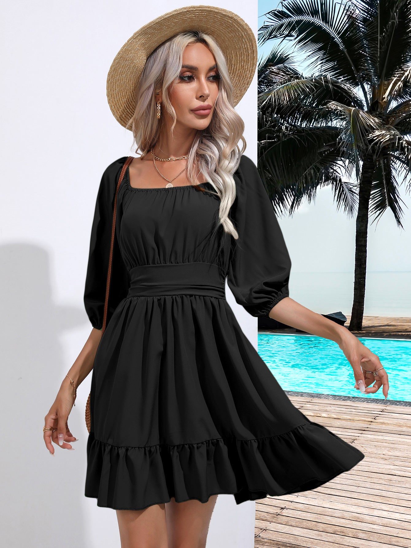 Women’s Fit and Flare Dress – Square Neck – Puff Sleeve – Ruffle Hem