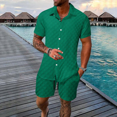 Men’s Two-Piece Set – Jacquard Shirt and Shorts – Relaxed Fit – Short Sleeve Lapel