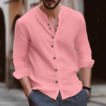Men’s Long Sleeve Shirt – Cotton Linen Blend – Relaxed Fit – Band Collar – Button Up