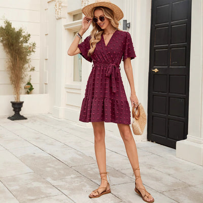 Women’s Wrap Dress – Breathable Blend – V-Neck – Ruffle Hem – Midi Length – Short Sleeve