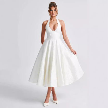 Women’s Maxi Dress – Jacquard Fabric – Halter Neck – V-Neck – Tie Waist – Flared Skirt