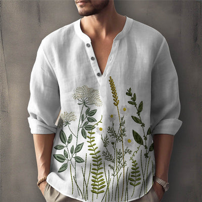 Men’s Henley Shirt – Relaxed Fit – Floral Embroidery – Cotton