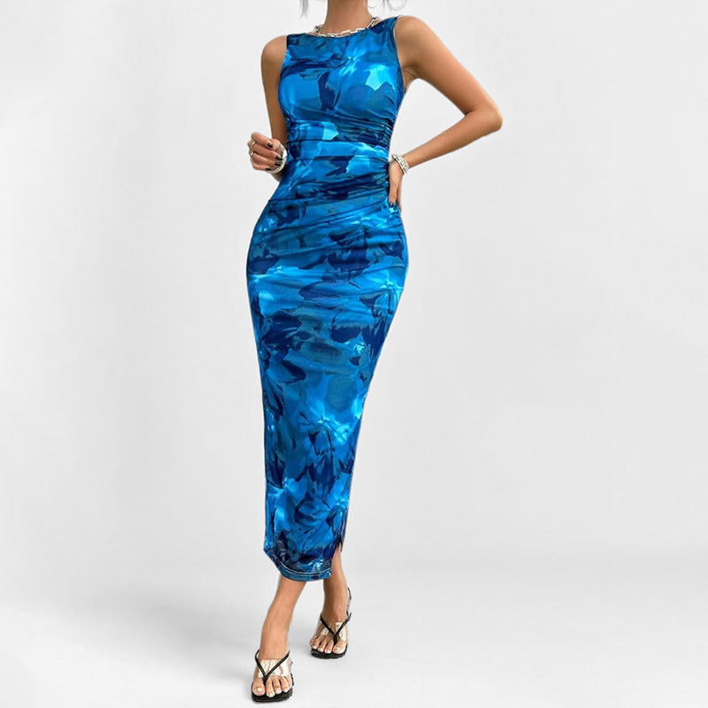 Women’s Sleeveless Dress – Slim Fit – Abstract Print – Midi Length – Side Slit