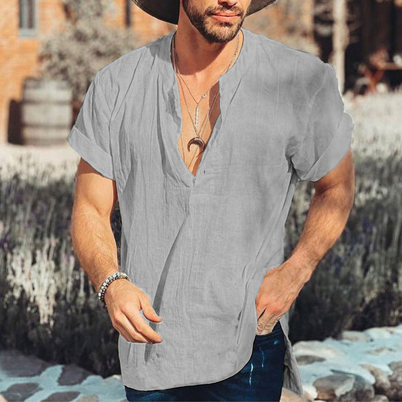 Men’s Casual Shirt – Relaxed Fit – Short Sleeve – V-Neck – Natural Fibers