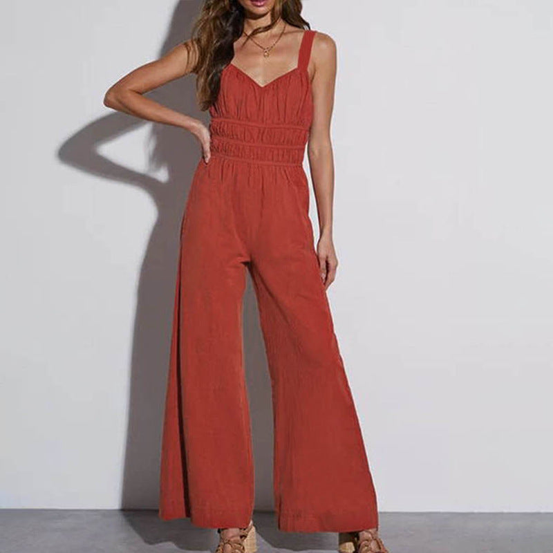 Women’s Jumpsuit – Cotton Linen – Wide Leg – Sleeveless – Elastic Waist – V-Neck