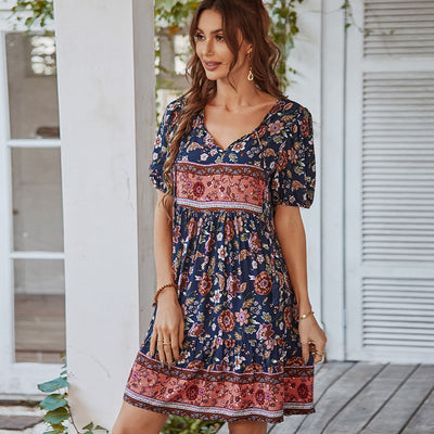 Women’s Mini Dress – A-Line Fit – V-Neck – Puff Sleeve – Floral Print