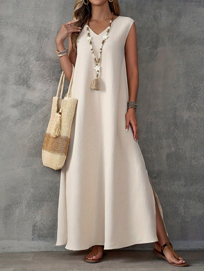 Women’s Maxi Dress – Cotton Blend – Flowing Fit – V-Neck – Sleeveless – Side Slits