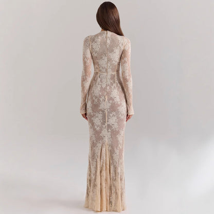 Women’s Lace Gown – Slim Fit – Long Sleeve – Fishtail Hem – High Neck Formal Dress
