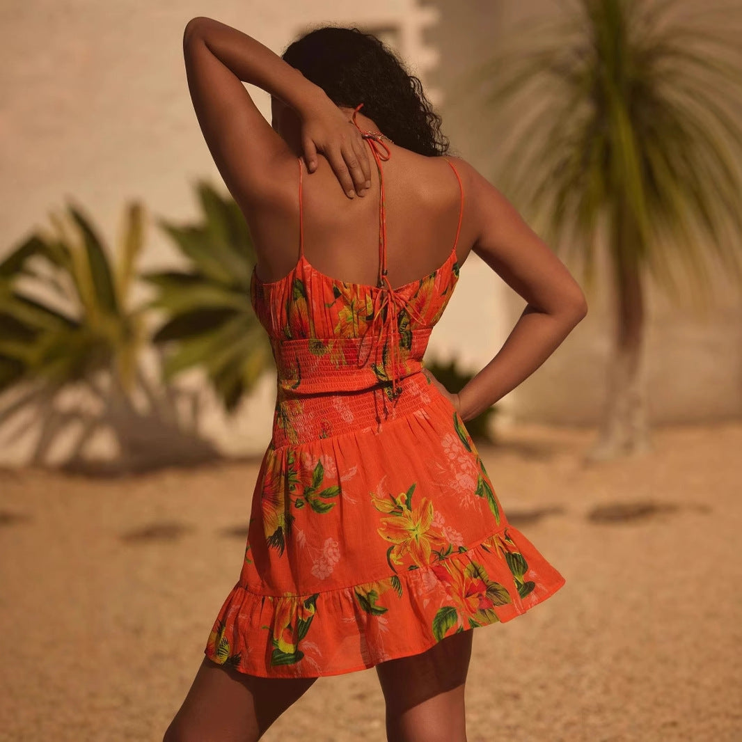Women’s Sundress – Lightweight – Smocked Waist – Floral Print – Ruffle Hem