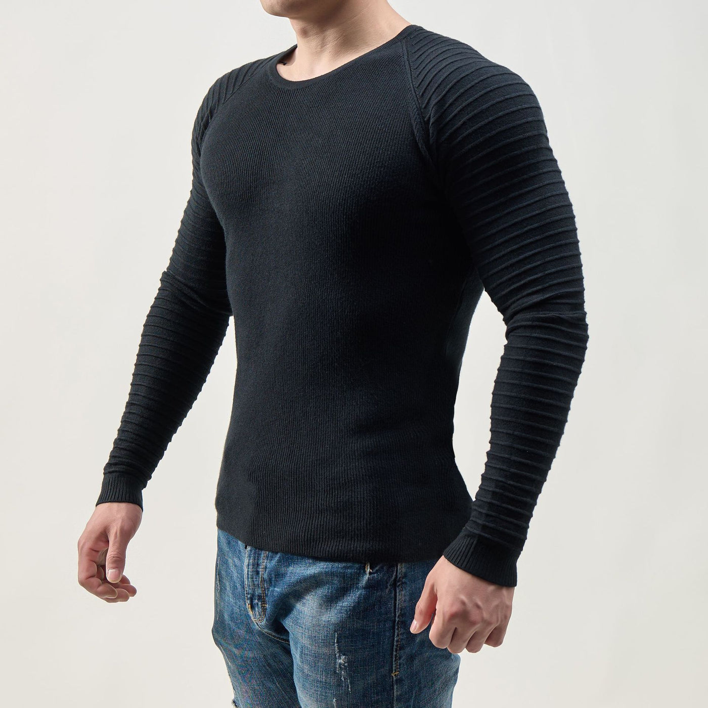 Men's Ribbed Long Sleeve Top - Slim Fit Crew Neck - Casual Wear