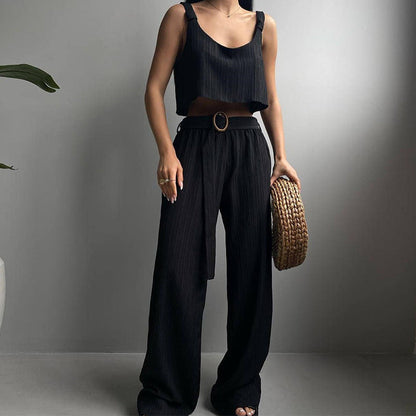 Women’s Two-Piece Set – Crop Top and Wide-Leg Trousers – Crinkled Lightweight Fabric