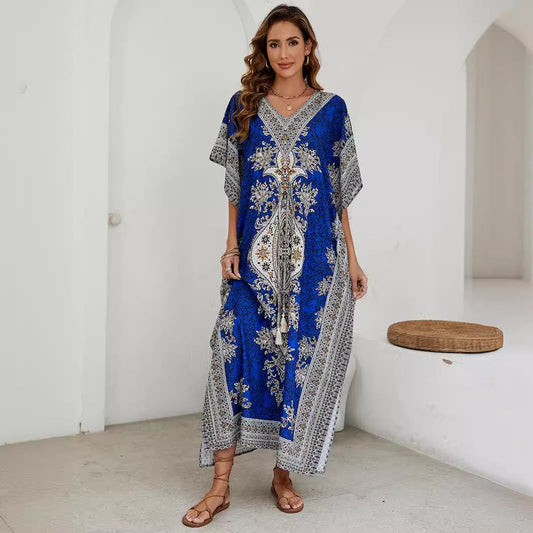Women’s Maxi Dress – Relaxed Fit – V-Neck – Short Wide Sleeves – Ornate Pattern