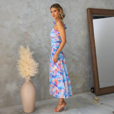 Women’s Spaghetti Strap Dress – Mesh Fabric – Abstract Print – Ruffled Shoulder – Midi Length