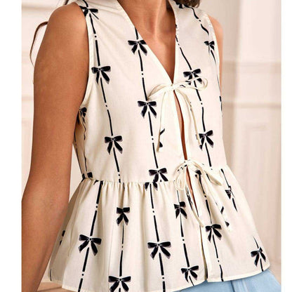 Women’s Sleeveless Blouse – Relaxed Fit – V-Neck – Bow Tie Front – Printed Design