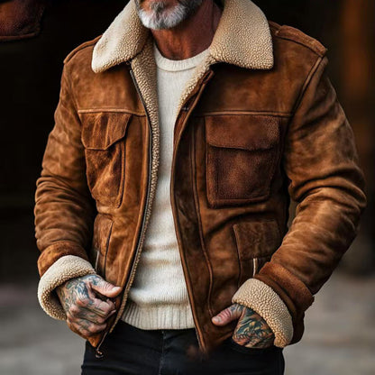 Men’s Shearling Jacket – Suede-Like Outer – Structured Fit – Zip Front – Flap Pockets