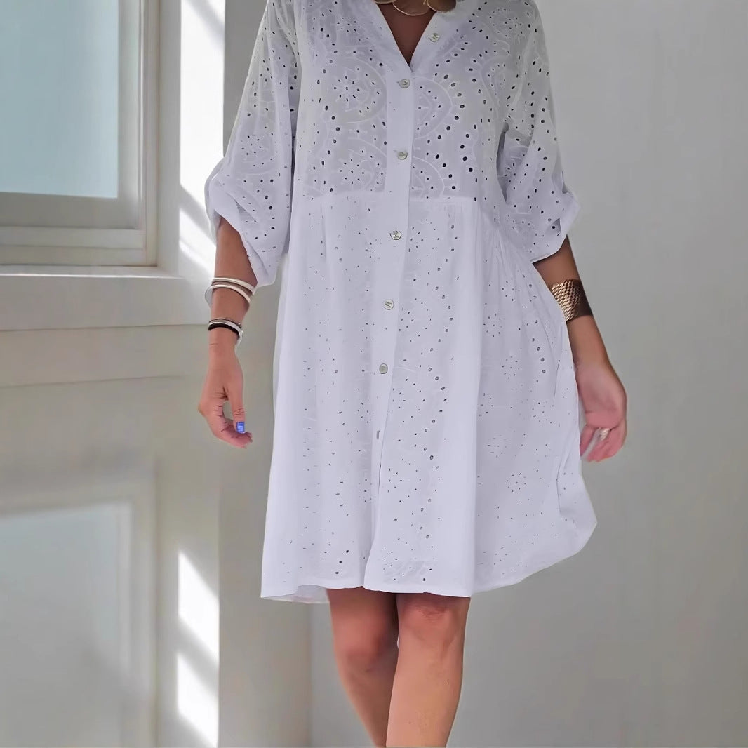 Women’s Midi Dress – Lace Eyelet – A-Line Fit – V-Neck – Button Front – Pockets