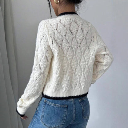 Women’s Cropped Cardigan – Knitted Fabric – Bow Tie Front – Contrast Trim – Casual Fit