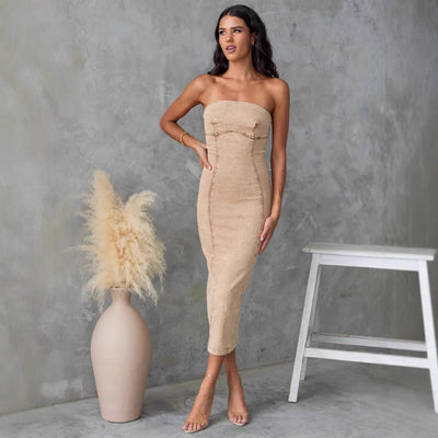 Women’s Strapless Midi Dress – Slim Fit – Denim – Structured Seam Detailing