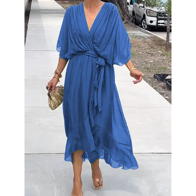 Women’s Maxi Dress – Relaxed Fit – Batwing Sleeves – Tie Waist – Asymmetrical Hem