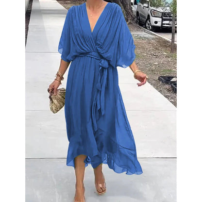 Women’s Maxi Dress – Relaxed Fit – Batwing Sleeves – Tie Waist – Asymmetrical Hem