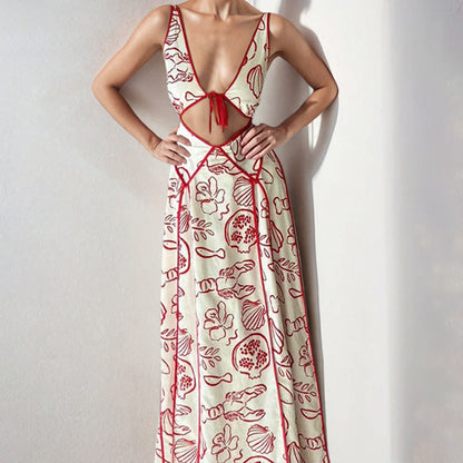 Women’s Maxi Dress – Lightweight Cotton Feel – V-Neck Cut-Out – Abstract Print – Spaghetti Straps