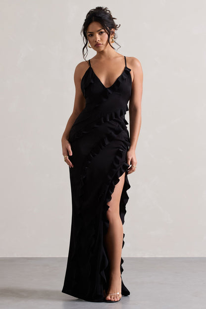 Women's Evening Maxi Dress - Deep V-Neck - Elegant Ruffle Design - Side Slit
