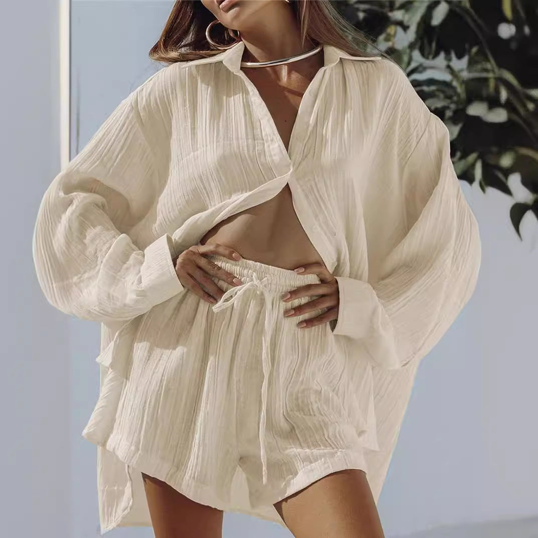 Women’s Two-Piece Set – Cotton Blend – Oversized Shirt – Relaxed Fit Drawstring Shorts