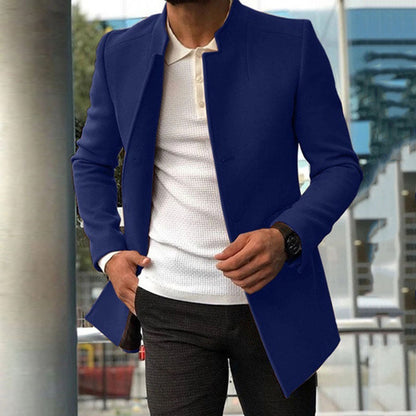 Men’s Overcoat – Slim Fit Wool Blend – Standing Collar – Concealed Placket – Mid Length