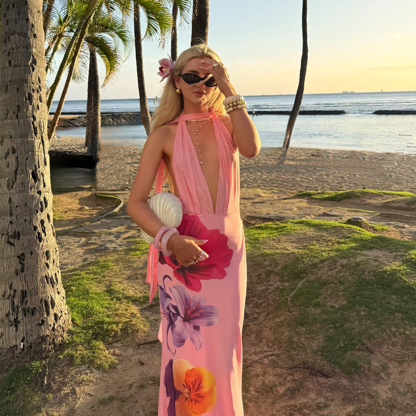 Women’s Maxi Dress – Slim Fit – Halter Neck – Deep V-Neck – Floral Mesh Elegant Style