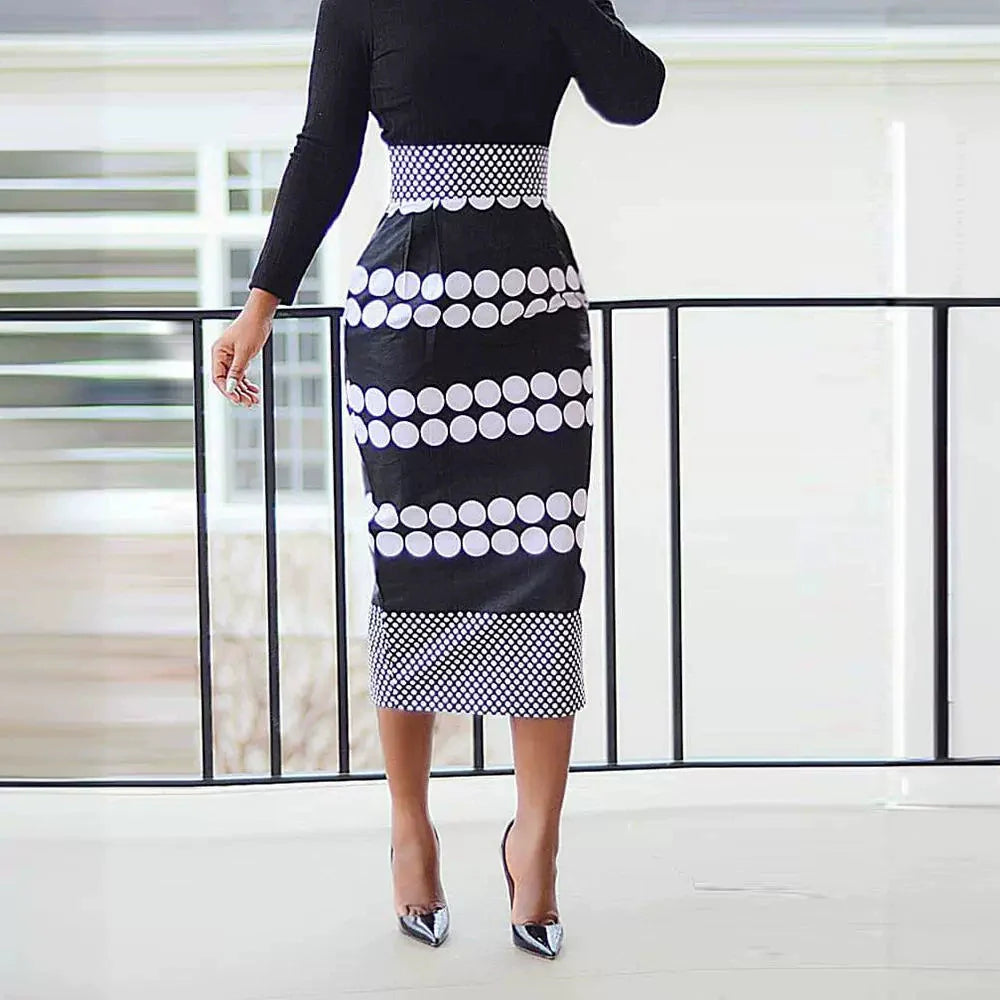 Women’s Midi Dress – Slim Fit – Polka Dot Stripe – Long Sleeve – Back Slit Elegant Style
