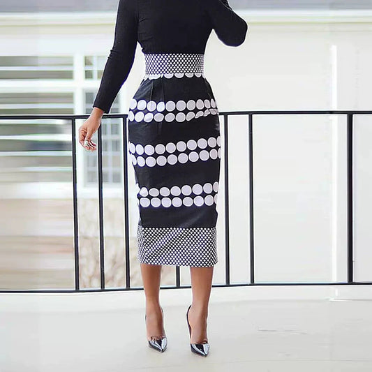 Women’s Midi Dress – Slim Fit – Polka Dot Stripe – Long Sleeve – Back Slit Elegant Style