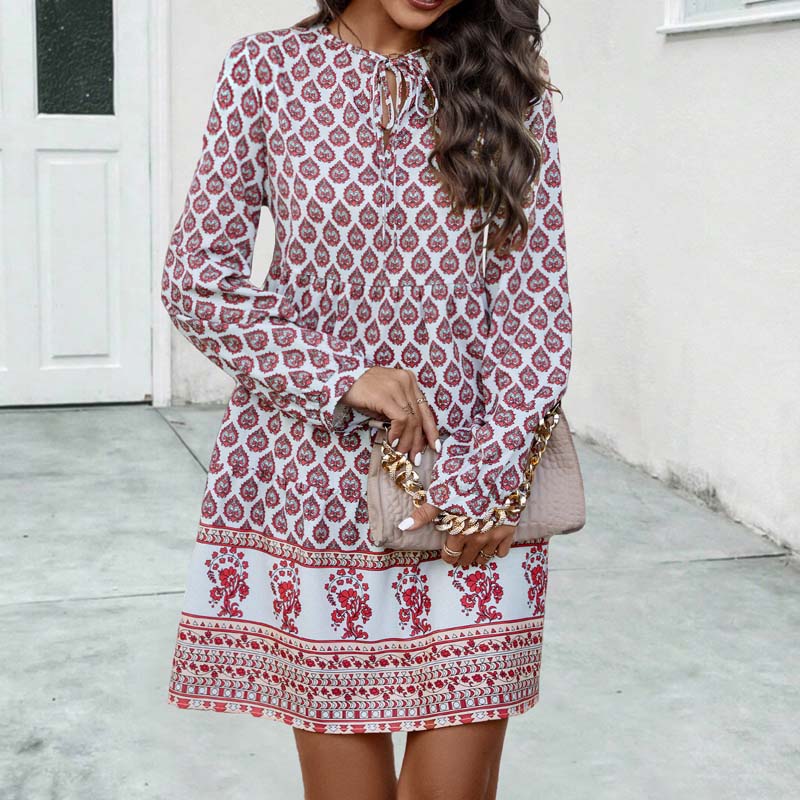 Women's Boho Midi Dress - Flowy Fit - Long Sleeve - Keyhole Neckline - Printed Pattern