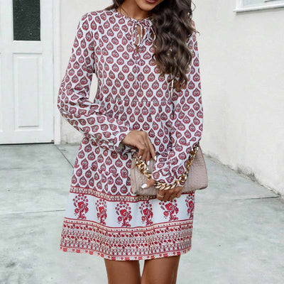 Women's Boho Midi Dress - Flowy Fit - Long Sleeve - Keyhole Neckline - Printed Pattern