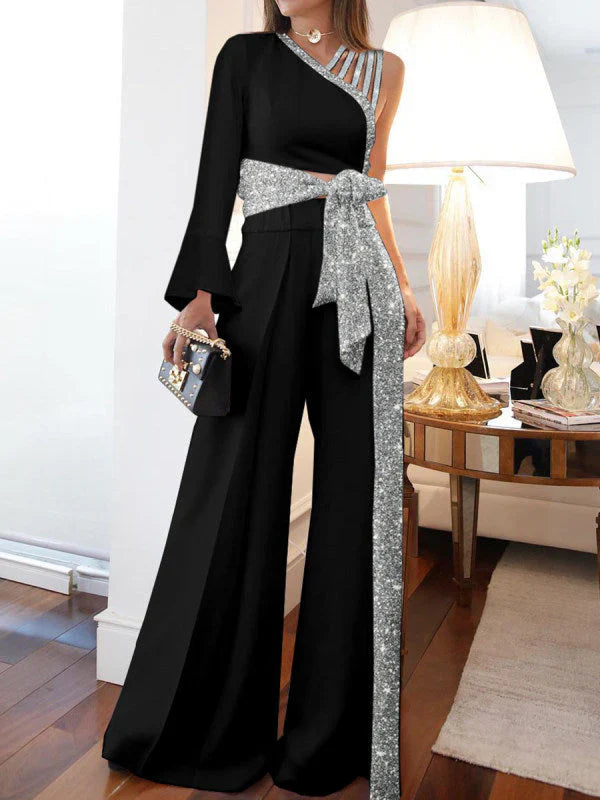 Women’s Pants Set – Asymmetrical Off Shoulder Top – Wide Leg Fit – Shimmery Fabric – Waist Tie