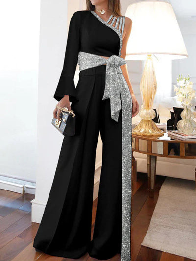 Women’s Pants Set – Asymmetrical Off Shoulder Top – Wide Leg Fit – Shimmery Fabric – Waist Tie
