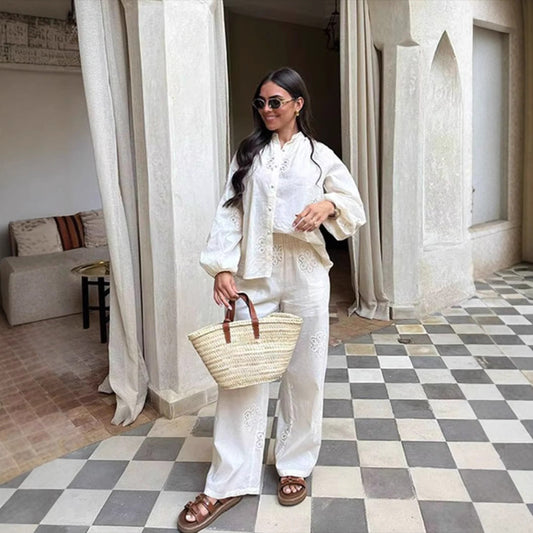 Women’s Blouse – Lightweight Cotton Blend – Relaxed Fit – Balloon Sleeves – Cut-Out Details