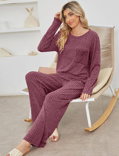 Women’s Lounge Set – Knit Ribbed Texture – Relaxed Fit – Long Sleeve Top & Trousers