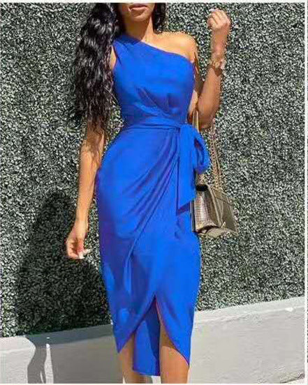 Women’s Midi Dress – Slim Fit – One Shoulder – Side Tie – Draped Elegant Silhouette