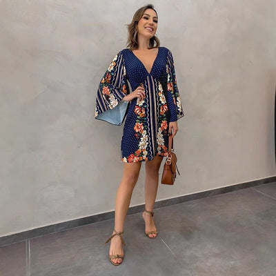 Women’s Mini Dress – Relaxed Fit – Cotton – Floral Print – Bell Sleeve – V-Neck