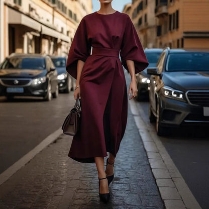 Women’s Long Dress – Satin Feel – Batwing Sleeves – Draped Fit – Waist Belt