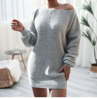 Women’s Sweater Dress – Knit Wool Blend – Off-Shoulder – Lantern Sleeve – Relaxed Fit