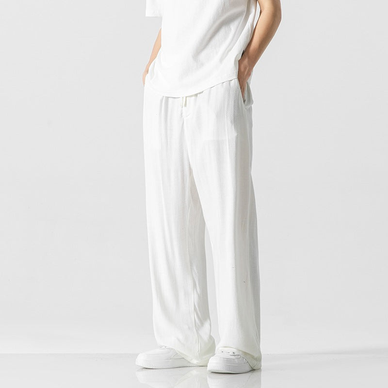 Men’s Casual Trousers – Linen Blend – Loose Fit – Full Length – Drawstring Waist
