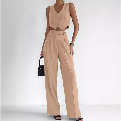 Women’s Vest Set – Tailored Cropped V-Neck Vest – High-Waist Wide-Leg Trousers