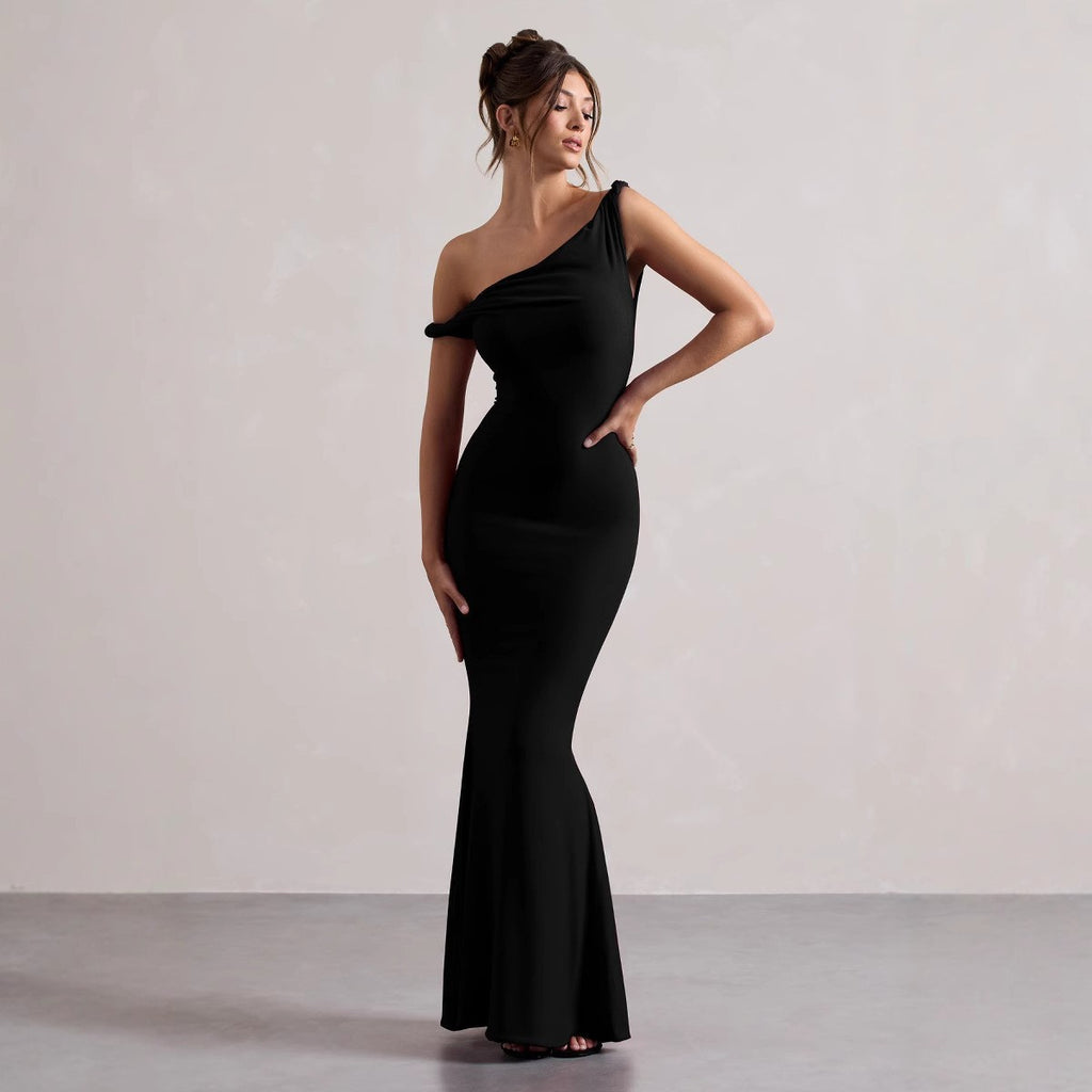 Women’s Maxi Dress – One Shoulder Draped Neckline – Figure-Hugging Fit – Breathable Blend
