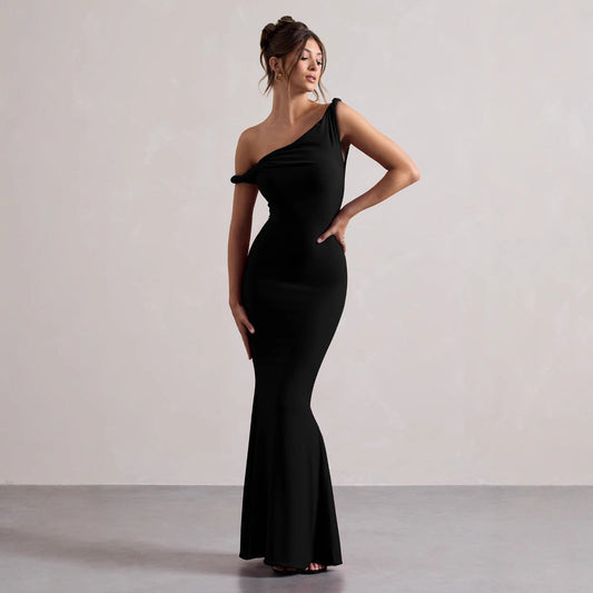 Women’s Maxi Dress – One Shoulder Draped Neckline – Figure-Hugging Fit – Breathable Blend